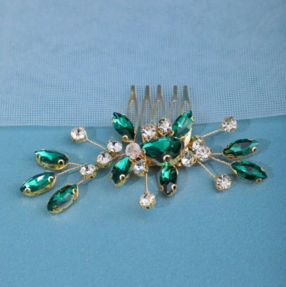 Wedding Green Gold Silver Rhinestone Wedding Hair Comb